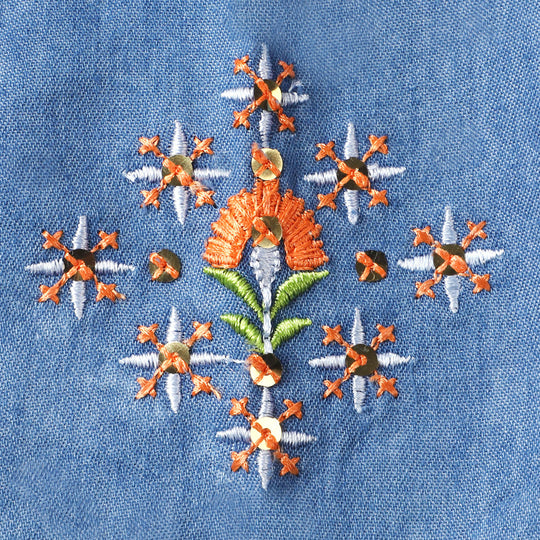 Girls Denim Top Flower Sequence & Embroidered- Mid Blue