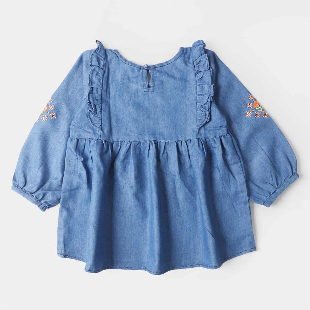 Girls Denim Top Flower Sequence & Embroidered- Mid Blue