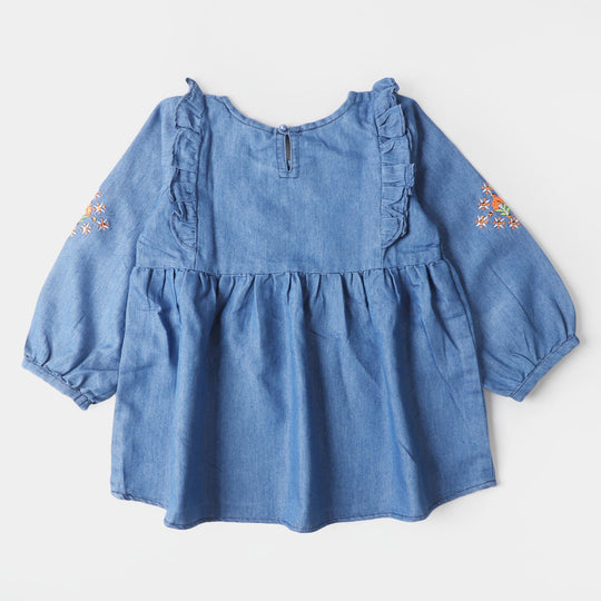 Girls Denim Top Flower Sequence & Embroidered- Mid Blue
