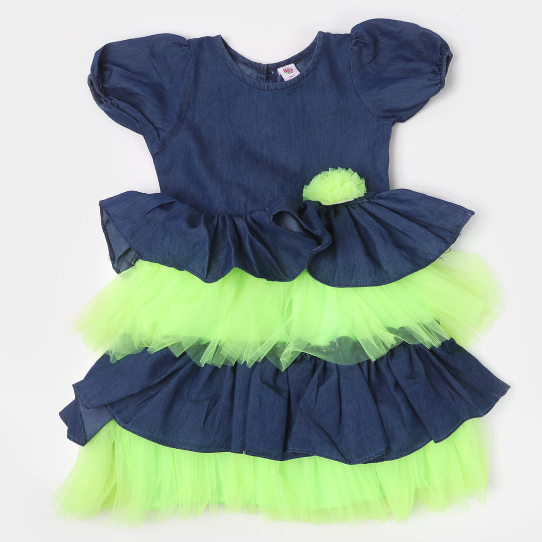 Girls Fancy Frock Denim Neon - Neon Green