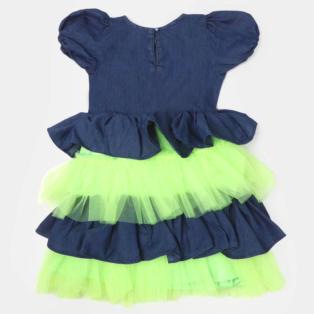 Girls Fancy Frock Denim Neon - Neon Green