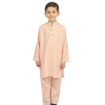 Boys Embroidered Kurta Pajama Suit Diamond - Peach