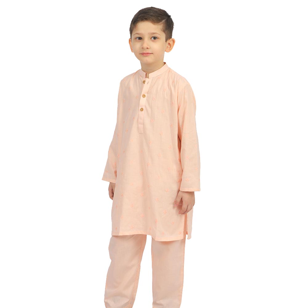 Boys Embroidered Kurta Pajama Suit Diamond - Peach