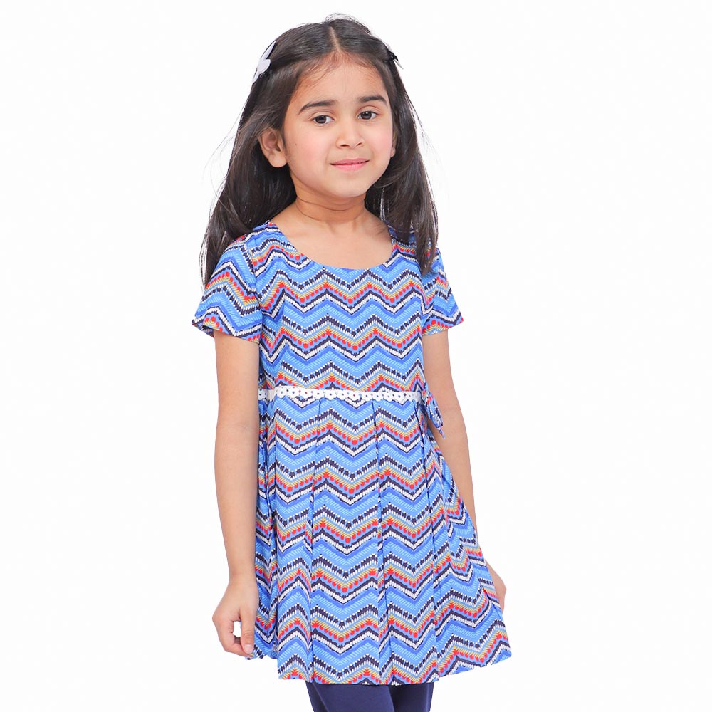 Girls Digital Print Cotton Frock Chevron - Blue