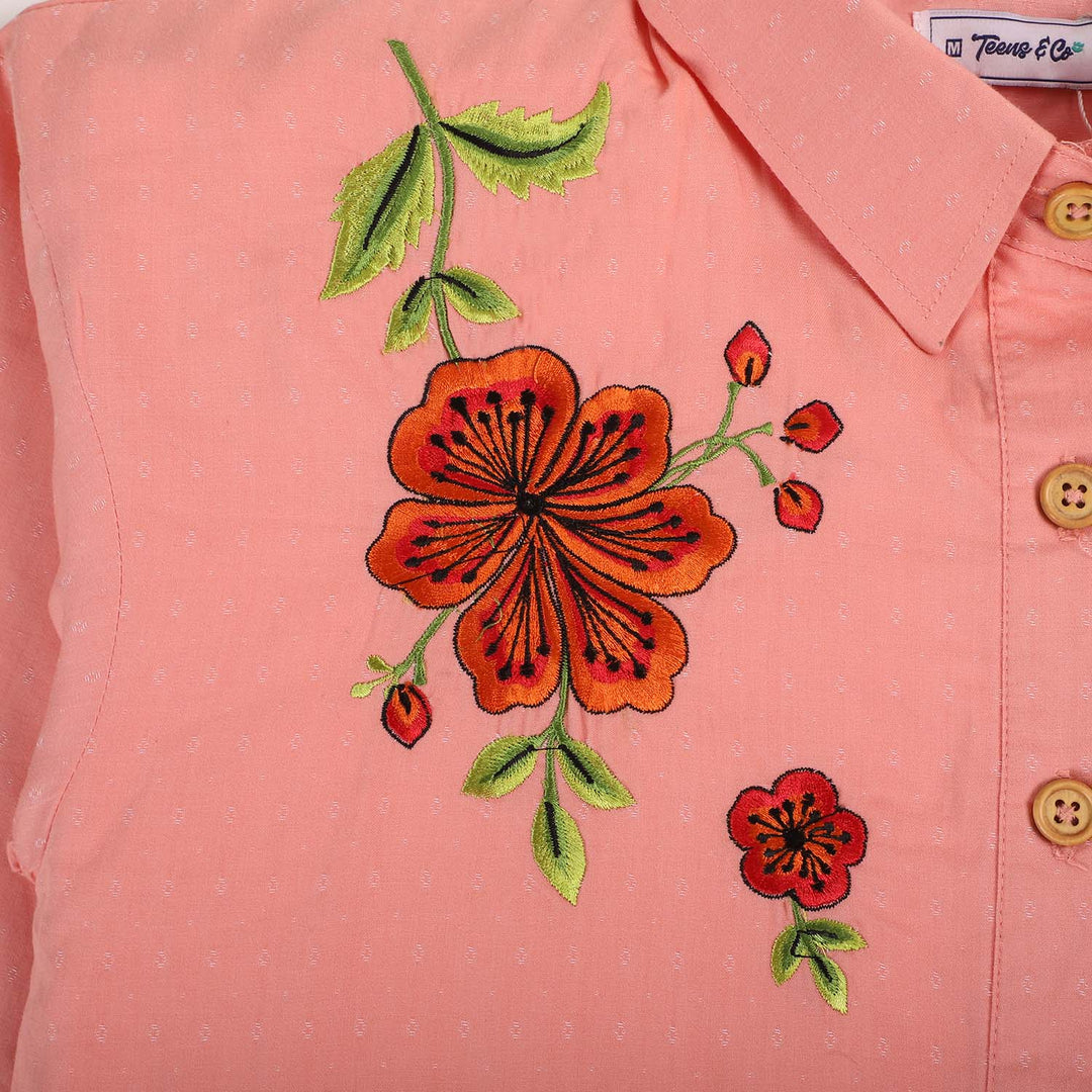 Teens Girls Cotton Embroidered Rose Top - Orange