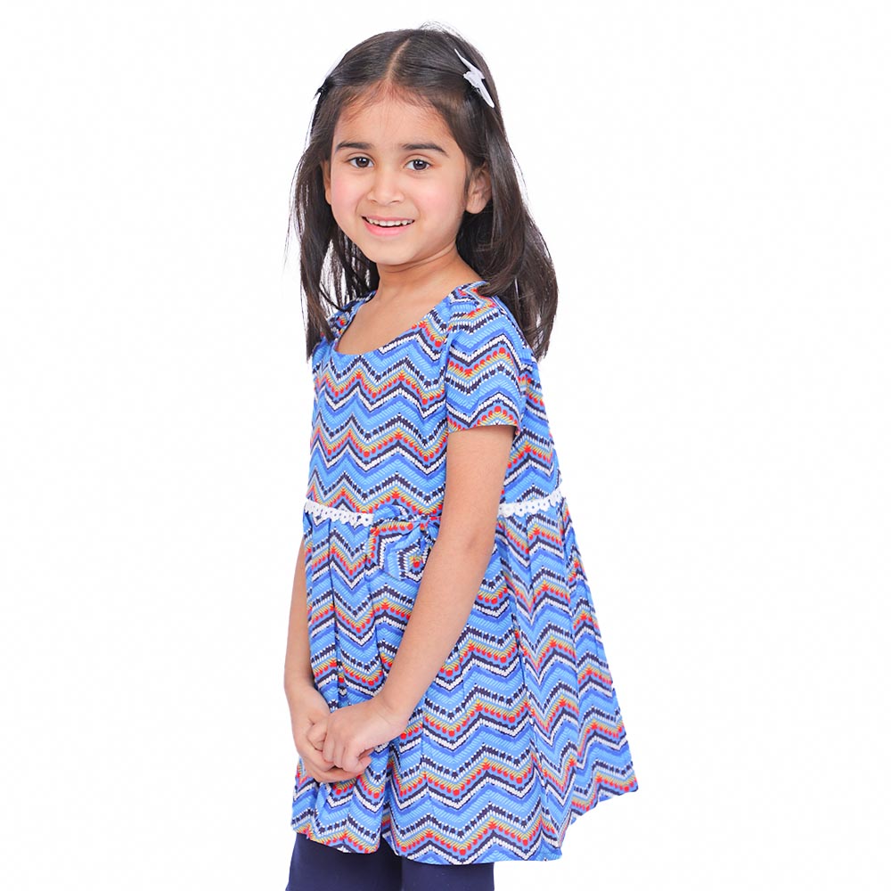 Girls Digital Print Cotton Frock Chevron - Blue