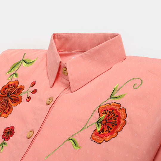Teens Girls Cotton Embroidered Rose Top - Orange