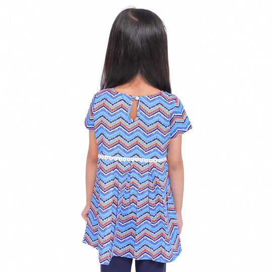 Girls Digital Print Cotton Frock Chevron - Blue