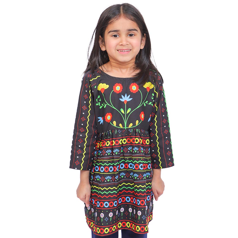 Girls Digital Print Kurti Black Beauty - Black