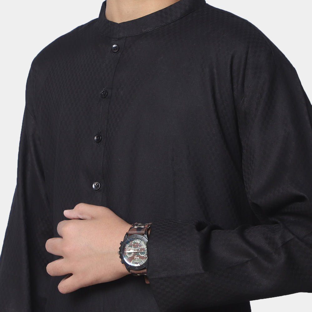 Teens Boys Jacquard Basic Kurta - Black