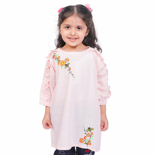 Girls Embroidered Top Sun Flower - Lt.Peach