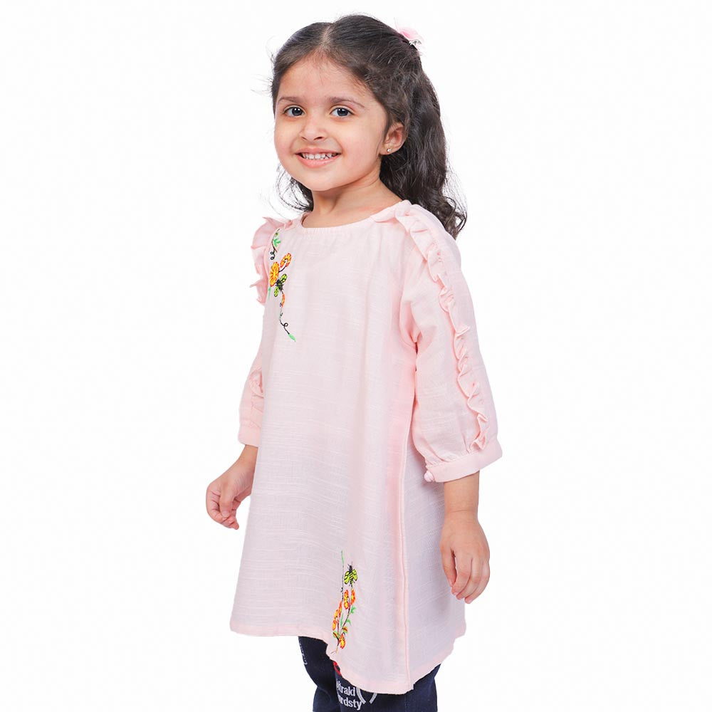 Girls Embroidered Top Sun Flower - Lt.Peach