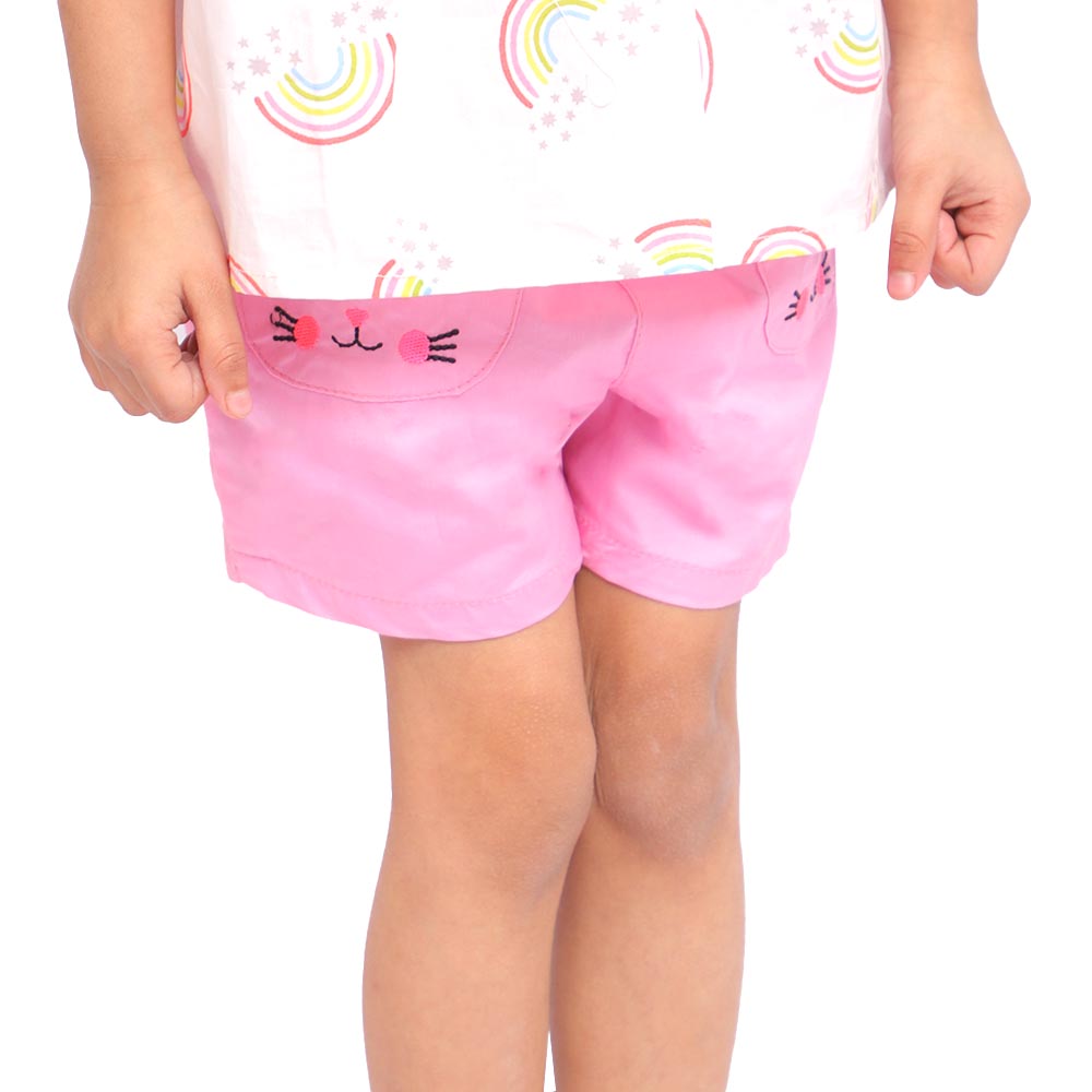 Catty Emb Cotton Short For Girls - Pink