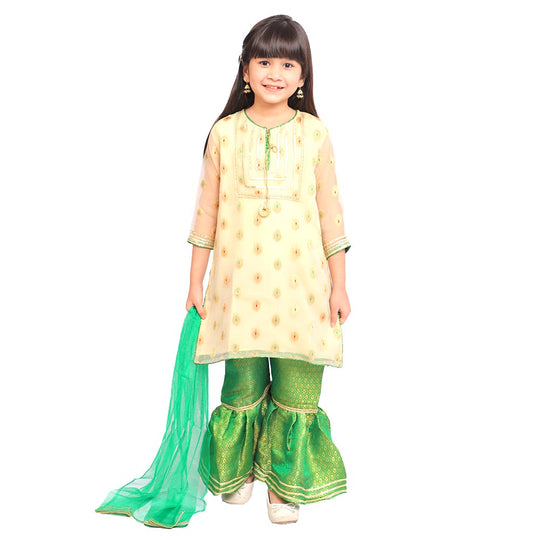 Fancy Gharara Glow 3 PCs Suit For Girls - Green