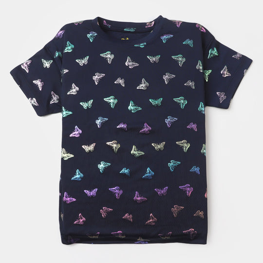 Girls Cotton T-Shirt Butterfly All Over - Navy