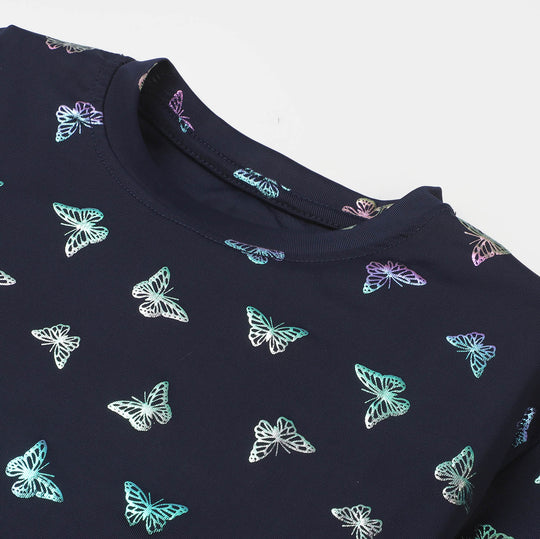 Girls Cotton T-Shirt Butterfly All Over - Navy