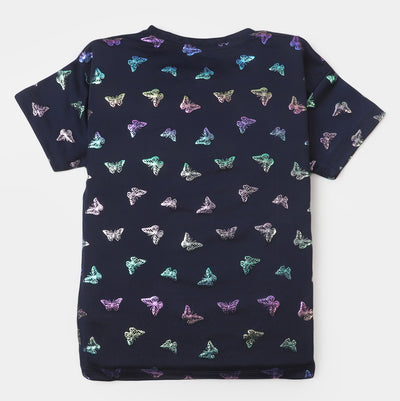 Girls Cotton T-Shirt Butterfly All Over - Navy