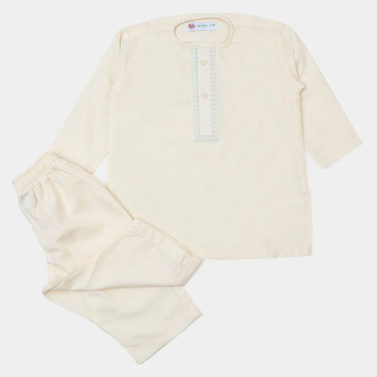 Infant Boys Embroidered Kurta Pajama Suit- Cream