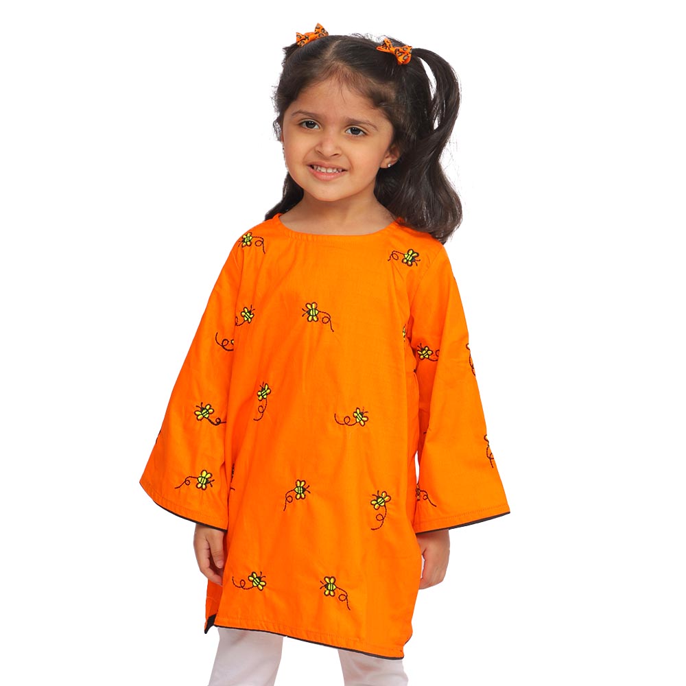 Girls Jacquard Embroidered Kurti Honey Bees - ORANGE