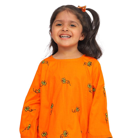 Girls Jacquard Embroidered Kurti Honey Bees - ORANGE