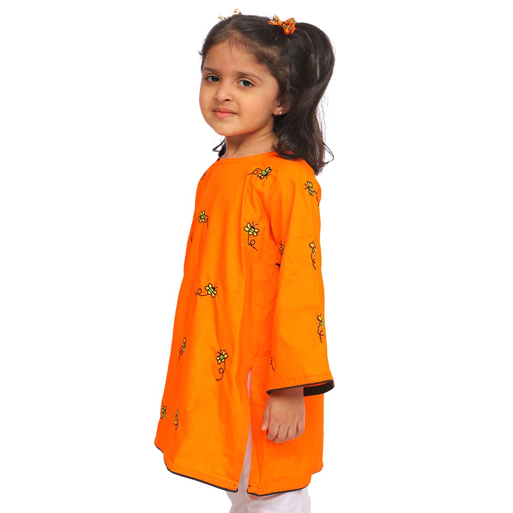 Girls Jacquard Embroidered Kurti Honey Bees - ORANGE