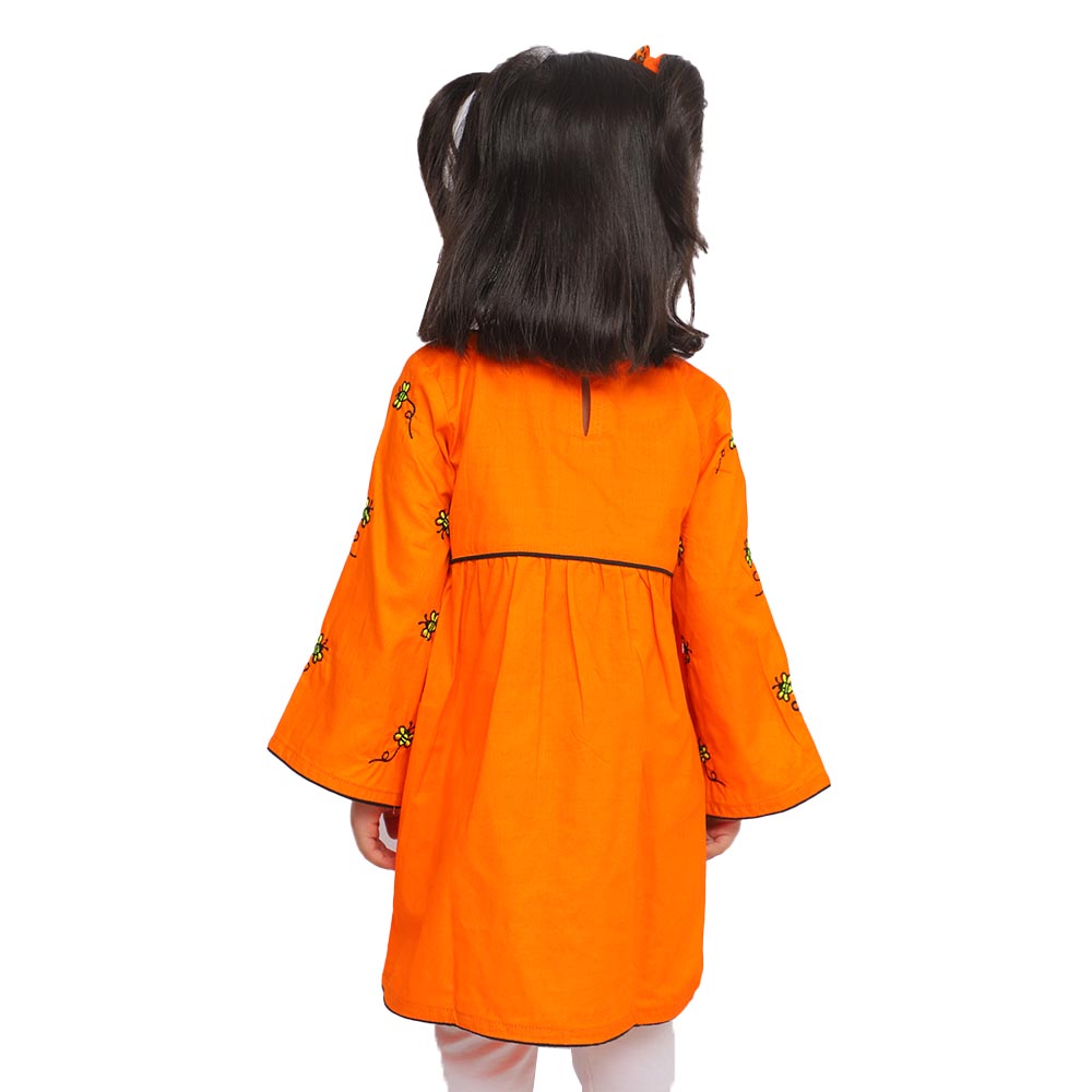 Girls Jacquard Embroidered Kurti Honey Bees - ORANGE