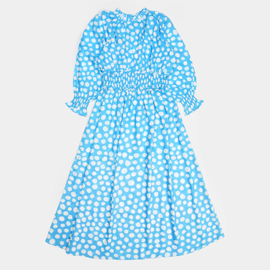 Teen Girls Linen Dress White Dots - Blue