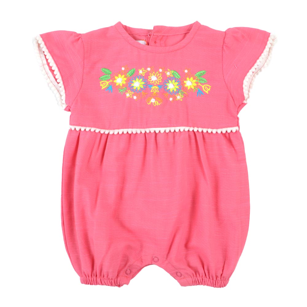 Infant Girls Woven Romper Flower EMB - Pink