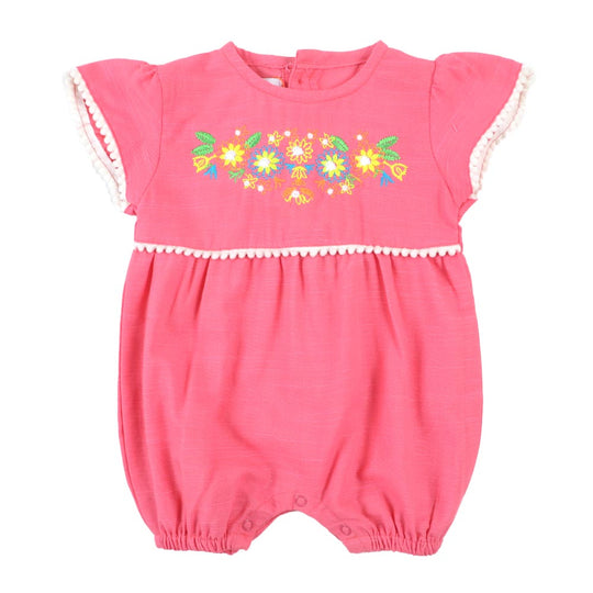 Infant Girls Woven Romper Flower EMB - Pink