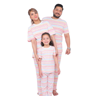 Parents Knitted Night Suit Pastel Lines - Multi