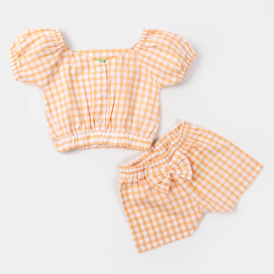Infant Girls Woven Cotton 2Pcs Suit Checks Bow - Orange