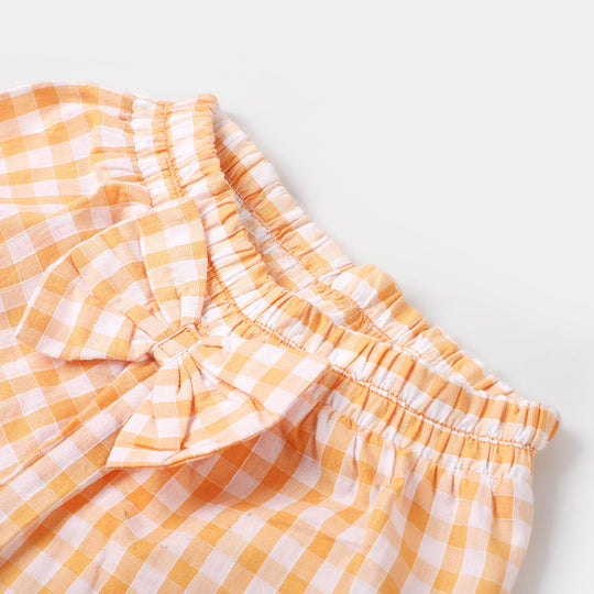 Infant Girls Woven Cotton 2Pcs Suit Checks Bow - Orange