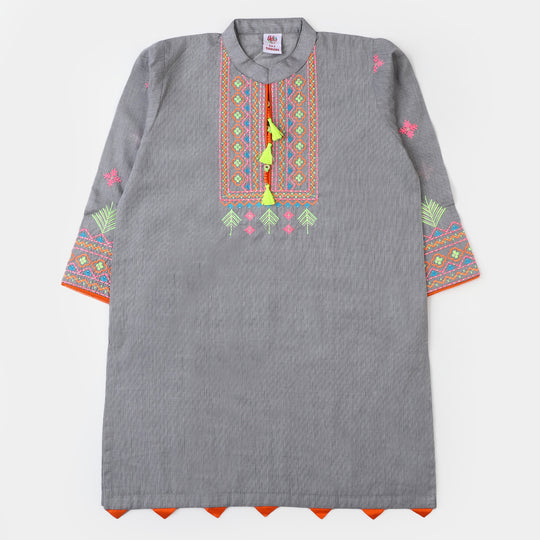 Girls Cotton Embroidered Kurti Delight | GREY