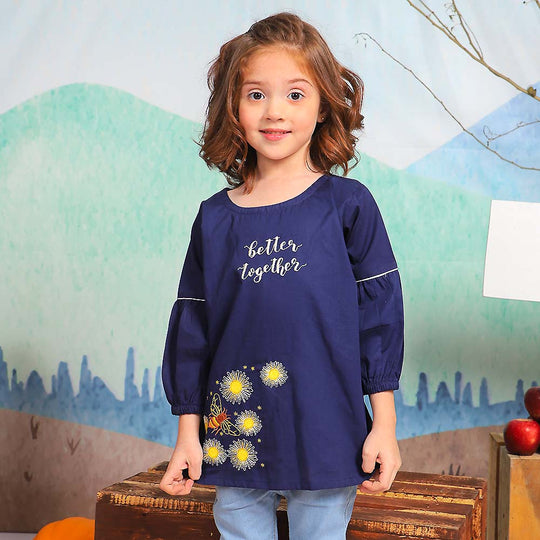 Embroidered Top For Girls - Navy