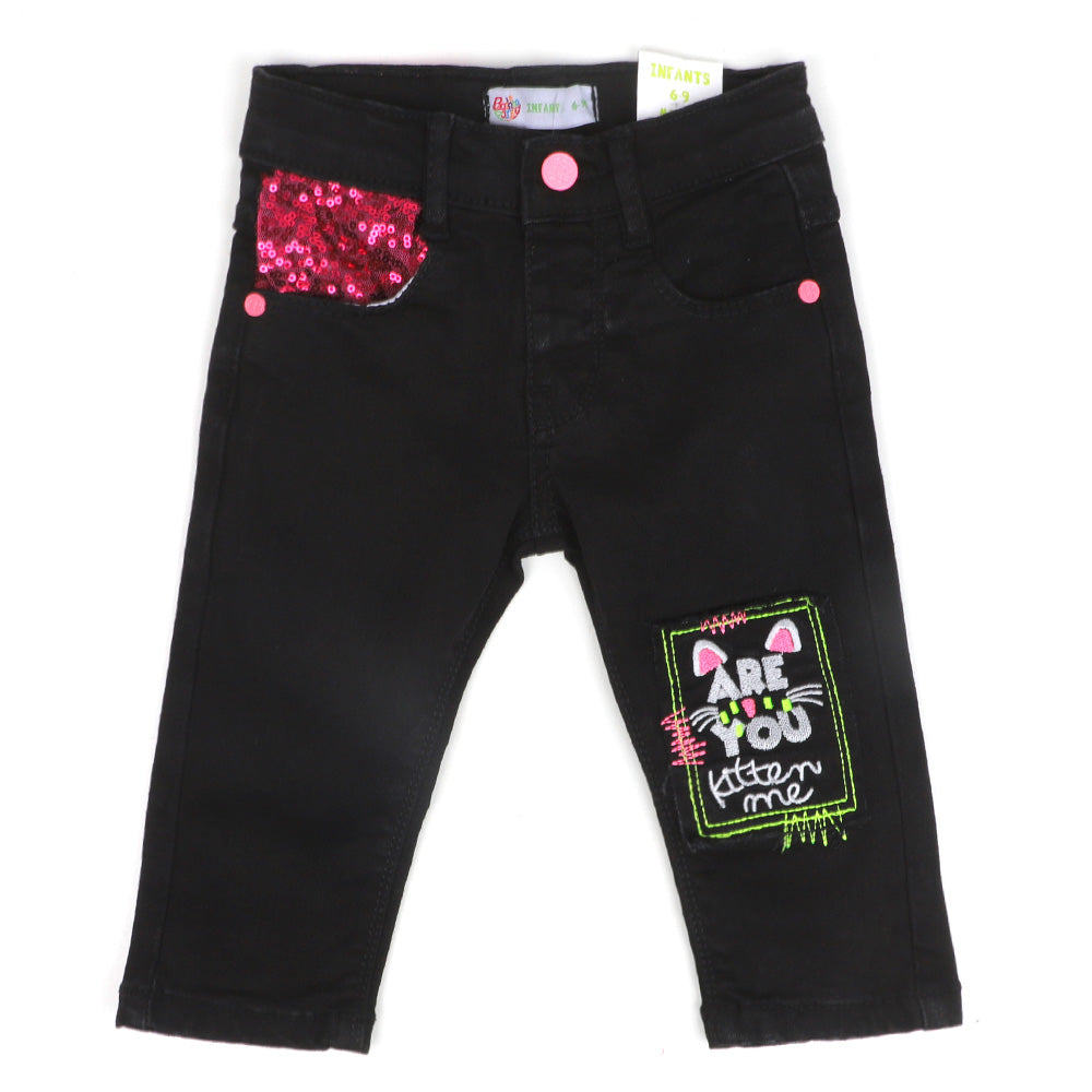 Infant Girls Pant Denim Kitten me Emb - BLACK