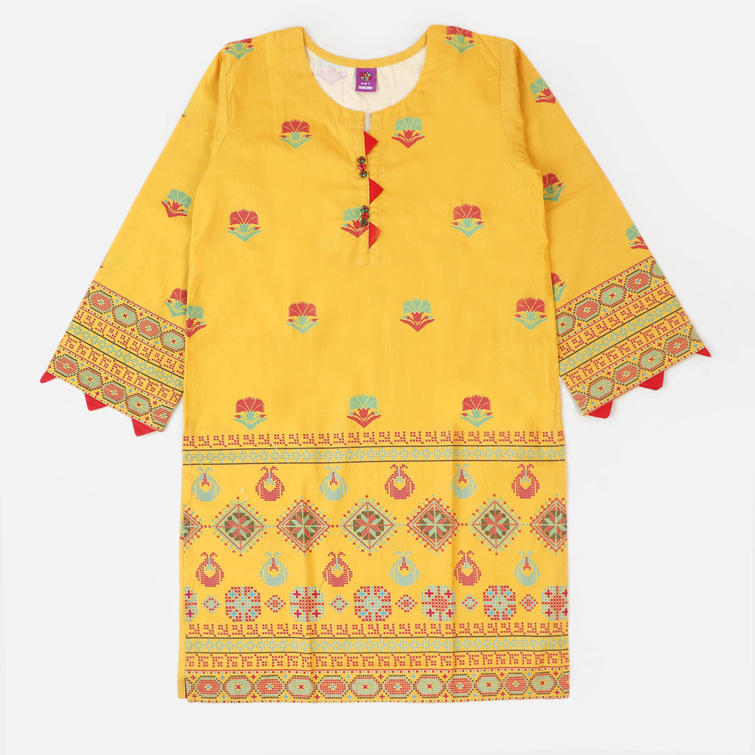 Girls Cotton Digital Print Kurti Flower Maze - Yellow