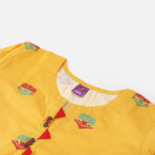 Girls Cotton Digital Print Kurti Flower Maze - Yellow