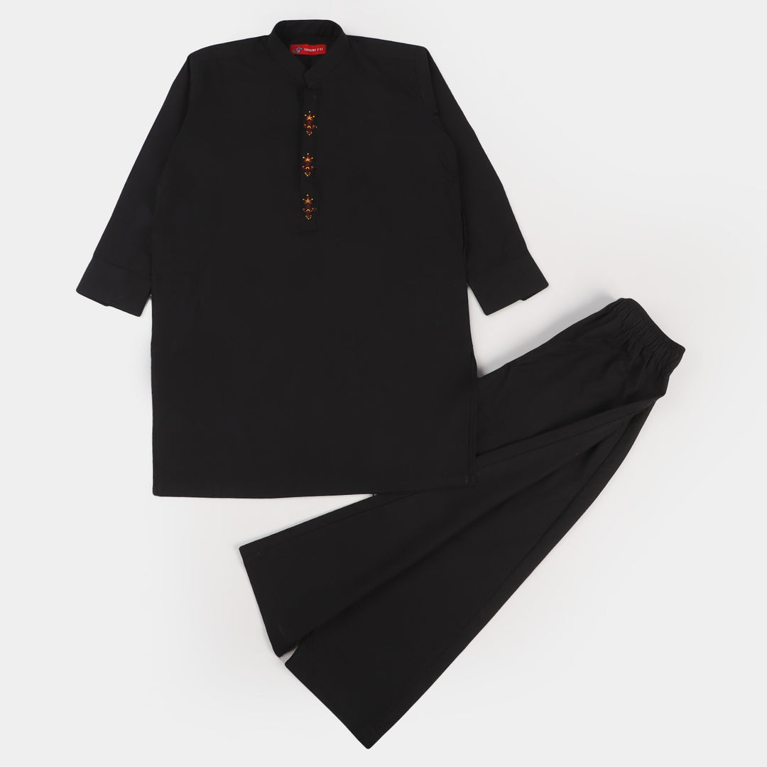 Boys Viscose Embroidered Kurta Pajama - BLACK