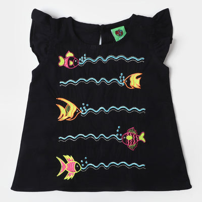 Infant Girls Cotton Embroidered Top Fishes - Black