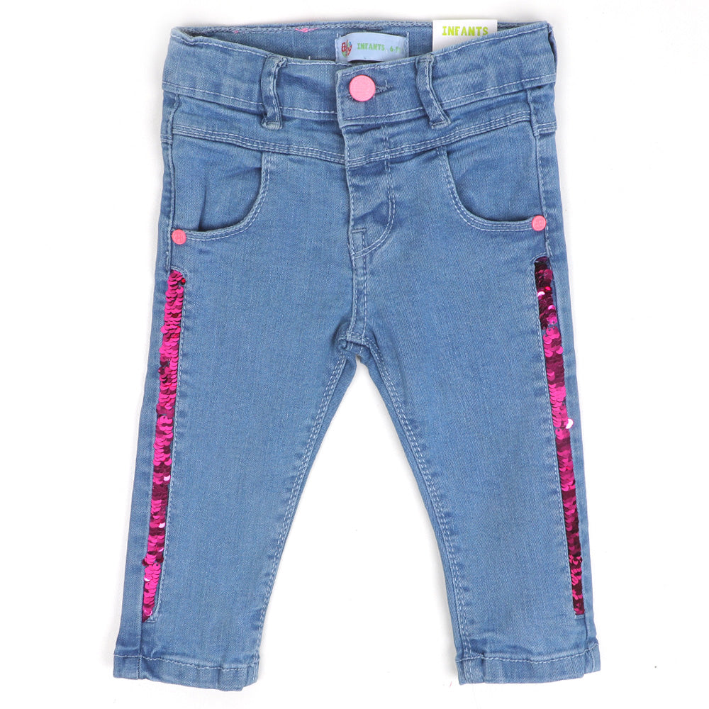 Infant Girls Pant Denim Sequins Tape -Ice Blue