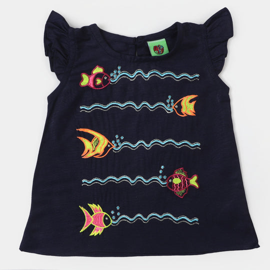 Infant Girls Cotton Embroidered Top Fishes - Navy