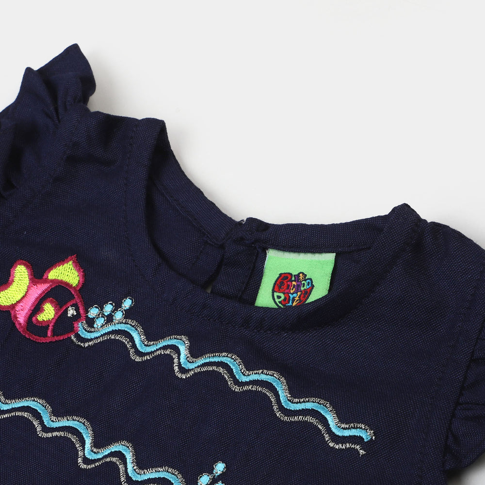 Infant Girls Cotton Embroidered Top Fishes - Navy