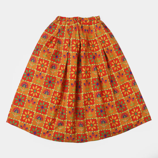 Girls Digital Print Cotton Long Skirt - Multi