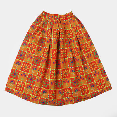 Girls Digital Print Cotton Long Skirt - Multi