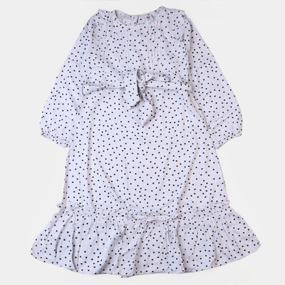 Teen Girls Linen Dress Black Dots - White