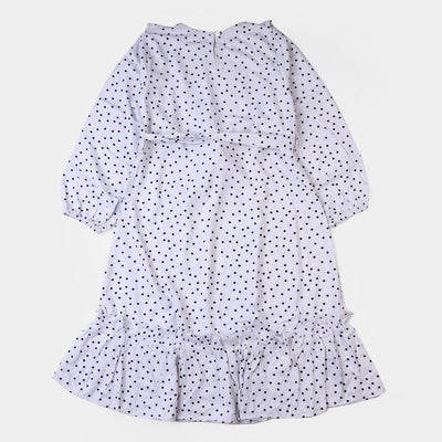 Girls Linen Dress Black Dots - White