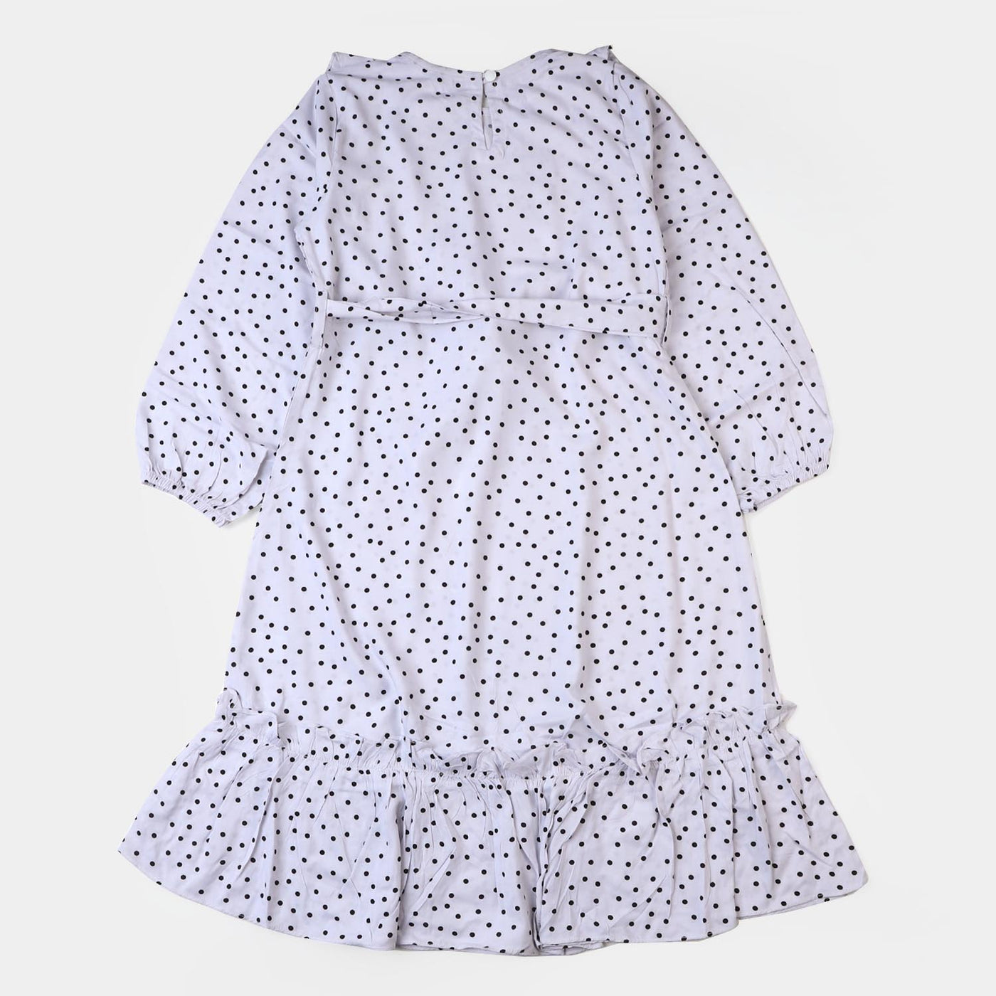 Teen Girls Linen Dress Black Dots - White