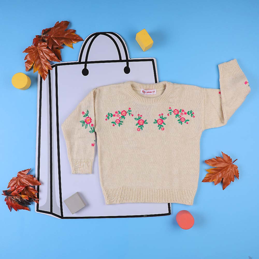 Emb Flower Sweater For Girls - Off White