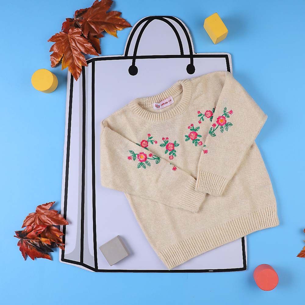 Emb Flower Sweater For Girls - Off White