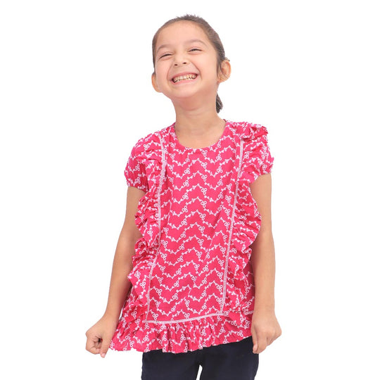 Girls Chicken Casual Top Ladder Lace - Hot Pink